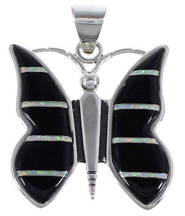 Genuine Sterling Silver Opal And Black Inlay Butterfly Pendant RS39285